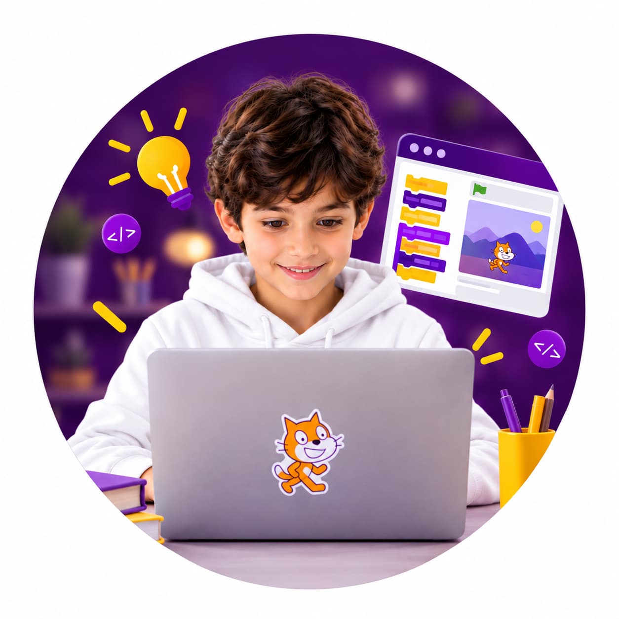 Child creating a Scratch game on a computer